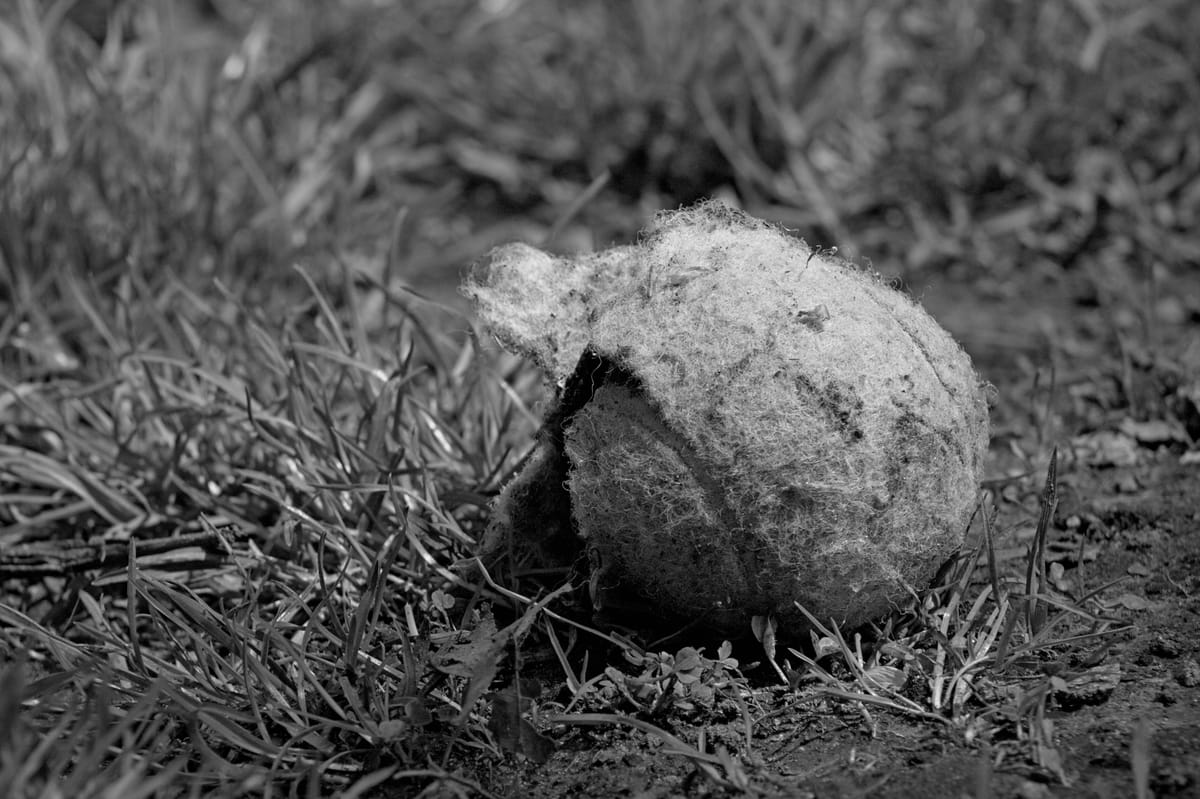 Black and white photo of a tennis ball that has been destroyed