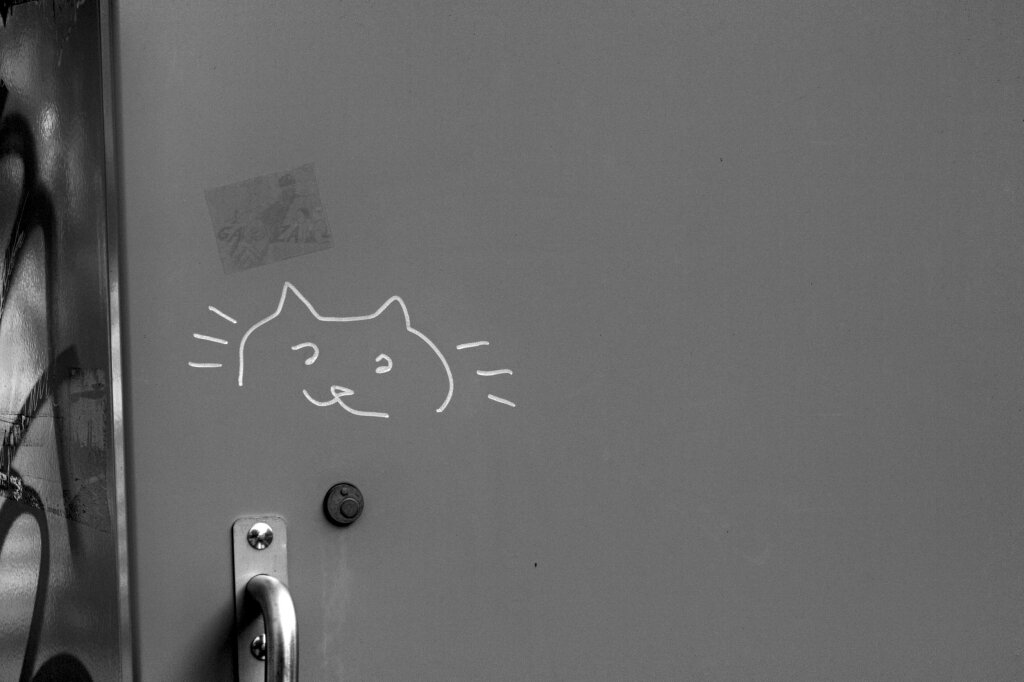 A grey utility box, with a drawng in white of a cat's face.